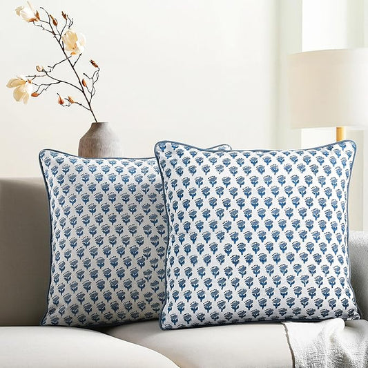 CPC 100% Cotton Throw Pillow Covers 18x18 Inch, Set of 2 Blue Block Print Pattern Couch Pillow, Cute Boho Decorative Pillows for Living Room, Bedroom with Hidden Zipper- Apatite Blue