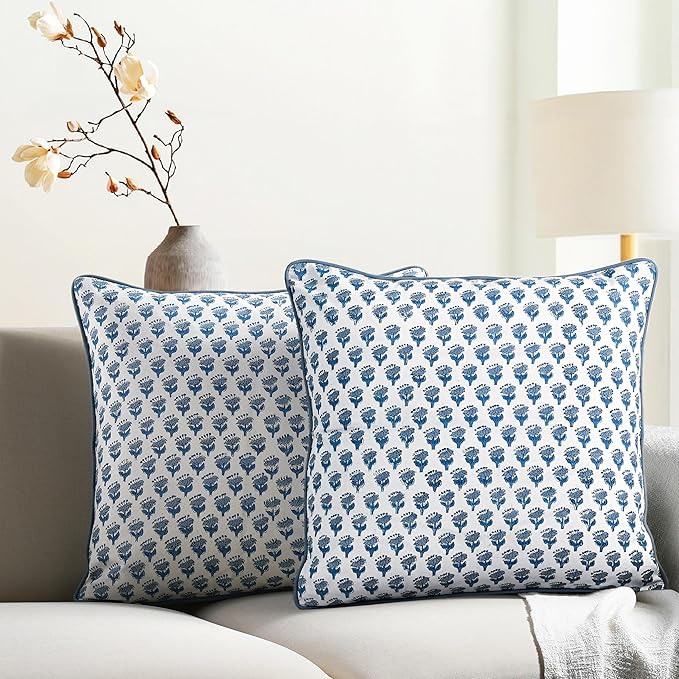 CPC 100% Cotton Throw Pillow Covers 24x24 Inch, Set of 2 Blue Block Print Pattern Couch Pillow, Cute Boho Decorative Pillows for Living Room, Bedroom with Hidden Zipper- Apatite Blue