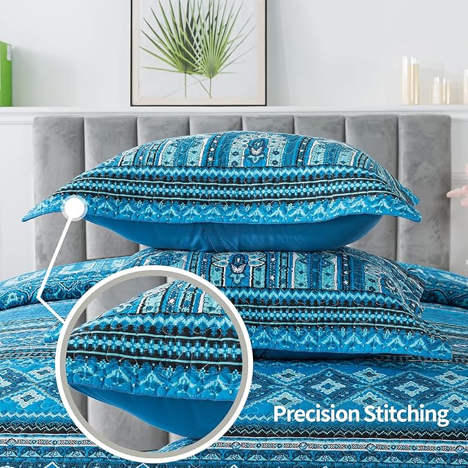 VAPUTAR Cotton Quilt Queen Size Bedding Set - 3 Pieces Queen Quilt Bedding Set, Boho Queen Size Quilts, Lightweight Reversible Coverlets Bedspreads for Farmhouse Bedroom (Blue)