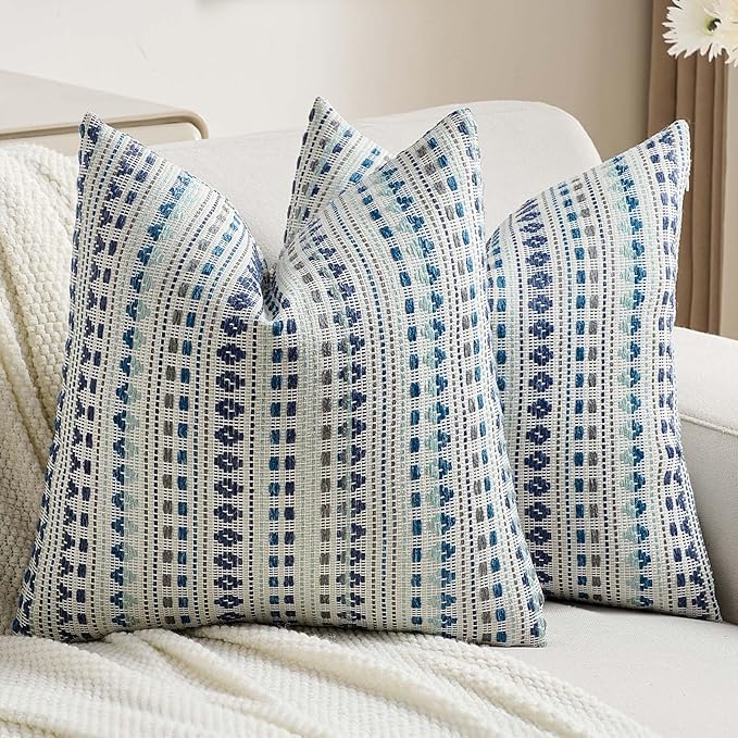 FUTEI Blue Grey Decorative Throw Pillow Covers 20x20 Inch Set of 2,Soft Cozy Chenille Jacquard Textured Cushion Case,Boho Home Decor for Couch Bed Living Room
