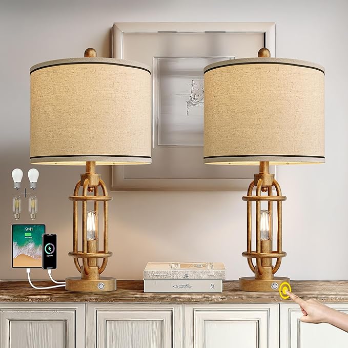 23.75'' Table Lamps Set of 2 for Living Room Bedroom Industrial Farmhouse Metal Touch Lamps with USB A+C Ports, Night Light Vintage Nightstand Bedside Lamp, Bulbs Included, Antique Gold