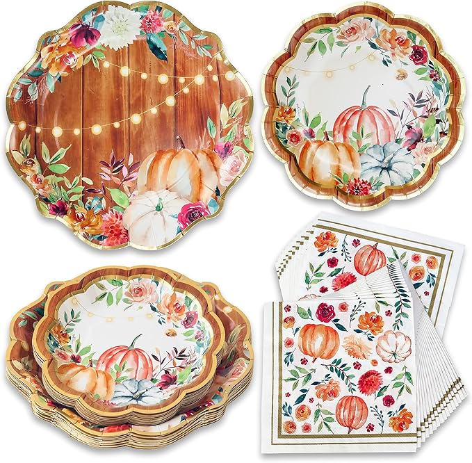 Kate Aspen Fall Paper Plates and Napkins Sets, Fall Party Decorations, Thanksgiving Napkins Disposable, 62 pcs - 16pcs 7 in. & 9 in. Heavy Duty Disposable Party Plates, 30pcs 6.5 inch Paper Napkins