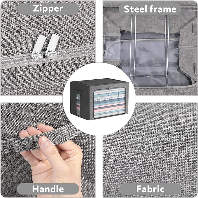 2 Pack Clear Window Storage Bins Large Foldable Fabric Storage Bins Boxes for Clothes Stackable Organizer Set with Carrying Handles19.7X 15.7X 12.6 Inches