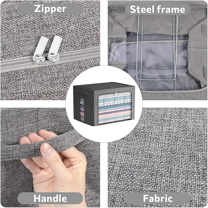 2 Pack Clear Window Storage Bins Foldable Fabric Storage Bins Boxes for Clothes Stackable Box Organizer Set with Carrying Handles (Gray,22L, 15.7x 11.8x 7.8 Inch)