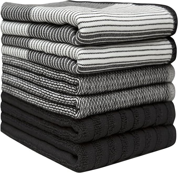 Premium Large Cotton Kitchen Hand & Dish Towels (20”x 28”, 6 Pack) - Highly Absorbent Flat & Terry Towels with Hanging Loop - Black