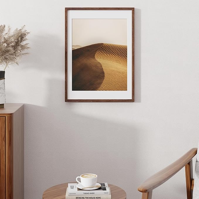 Fun Memories Walnut Solid Oak Wood Frame - 16x22 with Real Glass, Matted to 14x18, Wall Mountable (1 Pack)