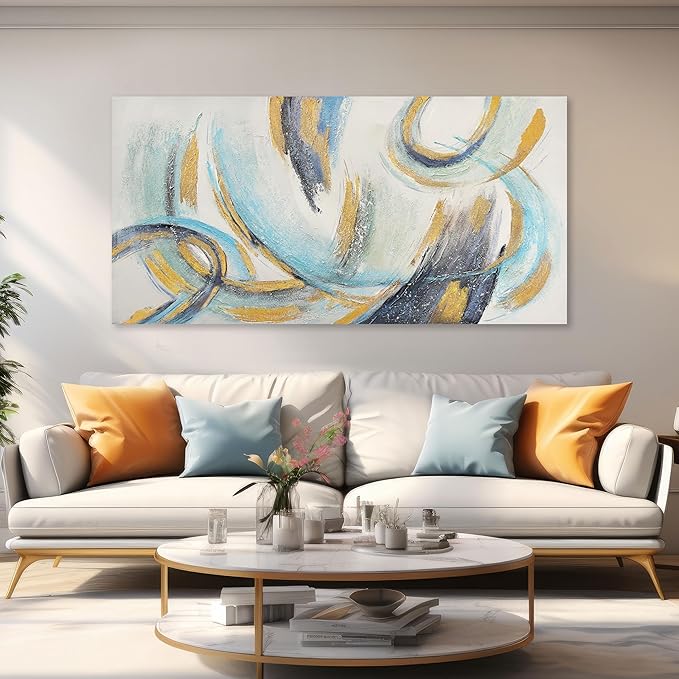 Glvzygy Abstract Wall Art Blue and Gold Wall Art Abstract Canvas Wall Decor Frame Artwork Modern Home Wall Decor for Living Room Bedroom Office 24"x48"