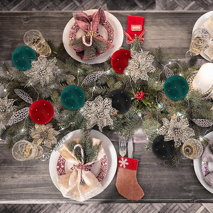 Christmas Tree Ornaments Set Velvet Balls, 15pcs Shatterproof Christmas Bulbs Ornaments for Xmas Tree Decorative Hanging, Vintage Flocked Decoration, 58mm, 2.3in, Multicolor Green Red Black