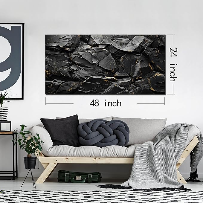 Black Stone with Golden Veins Canvas Wall Art for Living Room, Smooth Flat Rocks Picture Wall-Decor for Bedroom, Canvas Printed Artwork Decoration for Office, Size 48x24 Inches (Not 3D or Textured)