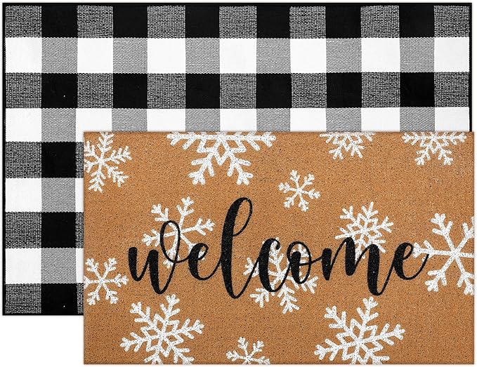2 Pcs Christmas Welcome Door Mat Winter Snowflake Outdoor Welcome Mats for Front Door Non Slip Winter Coir Floor Mat Black White Check Christmas Rug for Outside Front Porch Entryway Decor