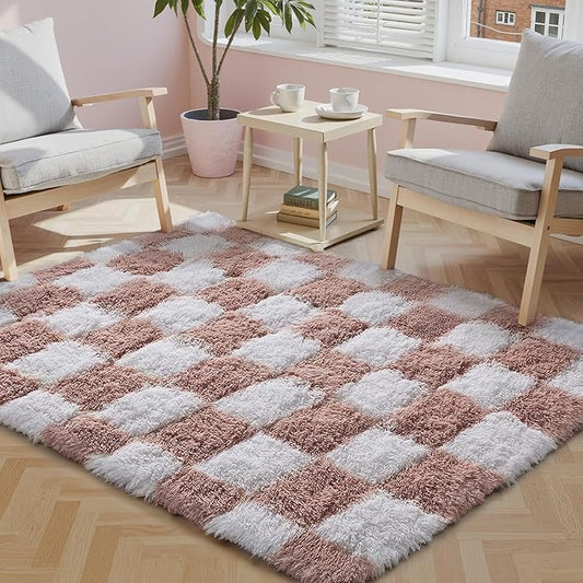Checkered Rug 3x5 for Living Room, Pink and White Modern Shag Rug Super Soft Washable Indoor Fuzzy Carpet Non-Slip Fluffy Rugs for Bedroom Home Aesthetic Decor