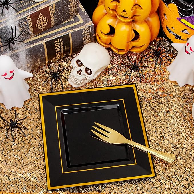 WDF 200PCS Black and Gold Plastic Dessert Plates with Plastic Forks -6’’ 100 Square Disposable Appetizer Plates Small Plate Cake Plate with Gold Rim for Halloween