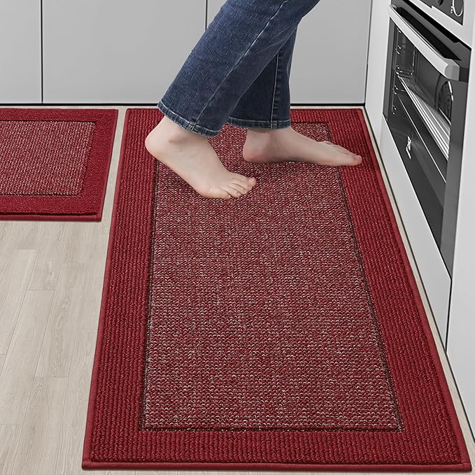 BEQHAUSE Kitchen Rugs and Mats Set of 2 Non-Slip Kitchen Mats for Floor, Absorbent and Stain Resistant Kitchen Runner, Machine Washable Rugs for Kitchen, Laundry & Sink, 20"x32"+20"x48", Red