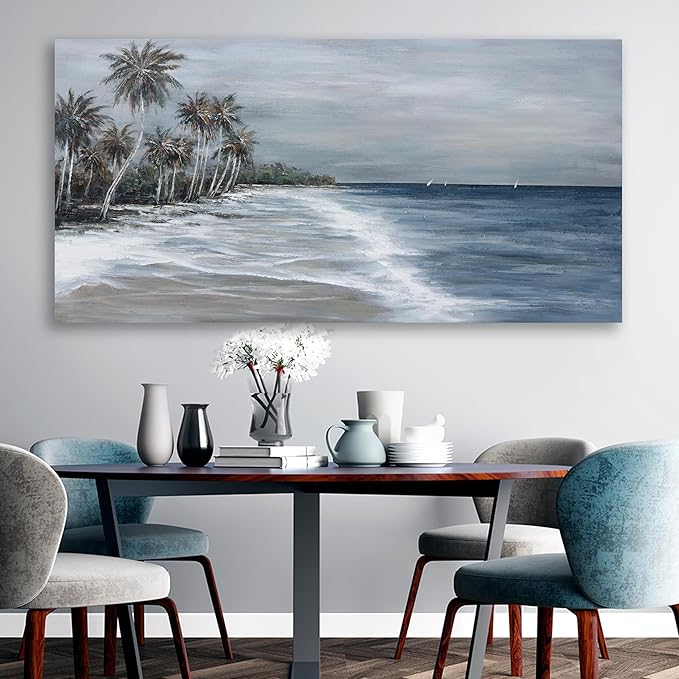 Coastal Wall Art Blue Gray Beach Wall Decor Landscape Abstract Canvas Painting Modern Ocean Artwork Framed for Living Room Bedroom Bathroom Office Decor 58"x29"Can Be Hung Directly