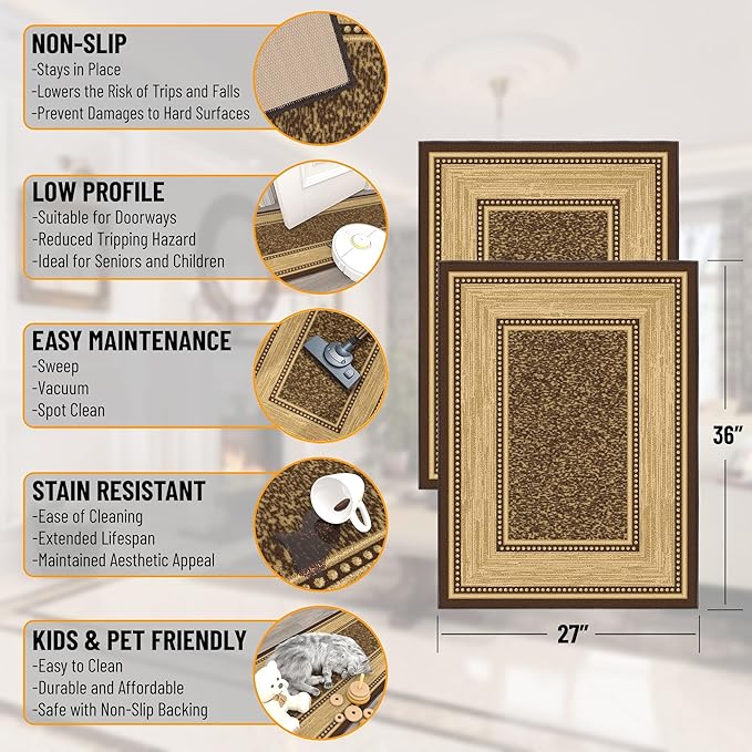 Ottomanson Rugs for Entryway 2'3" x 3' - 2 Pack Non Slip Border Small Area Rugs Durable Front Door Mat Rug Stain Resistant Entrance Rugs for Bathroom Kitchen Bedroom & Living Room, Brown