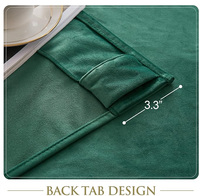 StangH Green Velvet Curtains 108 inches Long, Back Tab Living Room Window Panels Thermal Insulated Room Darkening Drapes for Sliding Door, W52 x L108, 2 Panels