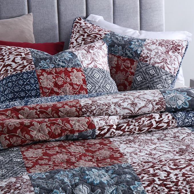 Secgo California King Quilt Size - 100% Cotton Oversized California Comforter Set Bedding Sets (120 * 110 Inch) with 2 Pillow Shams, Patchwork Reversible Lightweight Bedspread