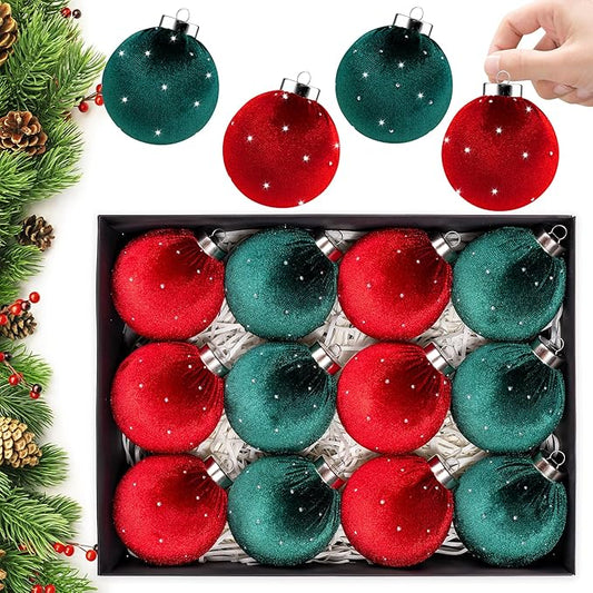 Christmas Tree Ornaments Set Velvet Balls, 12pcs Shatterproof Christmas Bulbs Ornaments for Xmas Tree Decorative Hanging, Vintage Flocked Decoration, 78mm, 3.1in, Multicolor Green Red