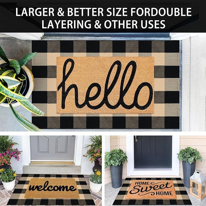 KOZYFLY Buffalo Plaid Area Rugs 27.5x43 Inches Brown and Black Checkered Rug Washable Front Door Mat Hand Woven Cotton Outdoor Rugs Small Rug for Front Porch Kitchen Entryway Patio Bathroom