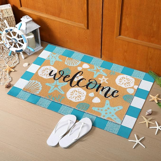 2 Pcs Summer Door Mat Beach Welcome Non Slip Coir Mats Sea Style Starfish Seashells Ocean Buffalo Plaid Floor Layering Doormats Seasonal for Front Porch Entryway Decor(Summer Beach)