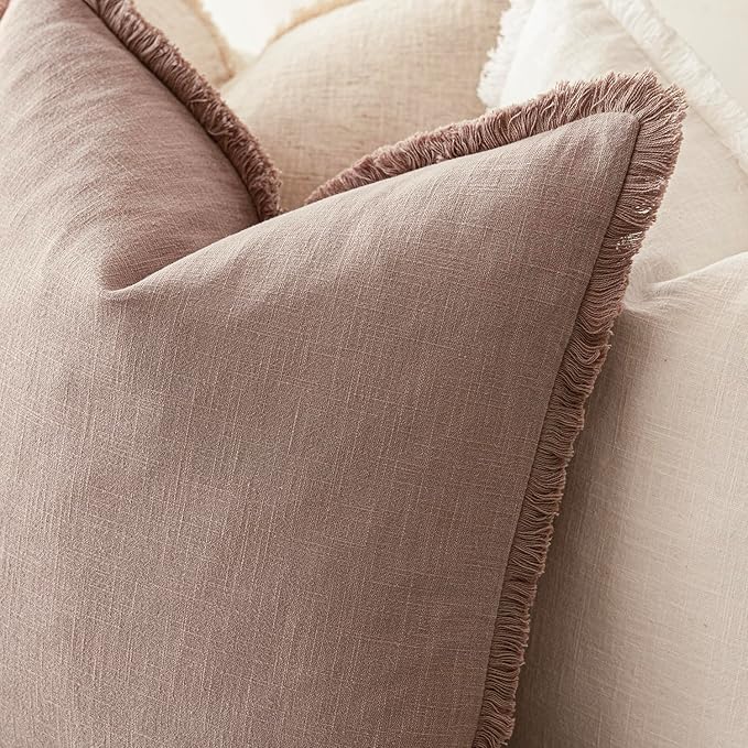 Foindtower Set of 2 Decorative Linen Fringe Throw Pillow Covers Boho Farmhouse Cushion Cover with Tassels Soft Accent Pillowcase for Couch Sofa Bed Living Room Home Decor,24×24 Inch,Dusty Pink