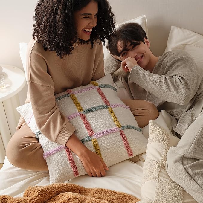 Double Stitch Checkered Throw Pillow Covers - 100% Cotton Tufted Boho Decorative Pillow Covers 20x20, Made in India, Square Plaid Cushion Case, Modern Home Decor for Couch, Sofa, Living Room, Multi