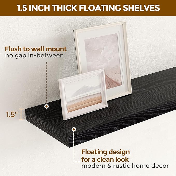 Fun Memories Black Floating Shelves 48 Inch Long, Wood Wall Shelves 48x9.3x1.5, 9.3 Inch Deep Floating Shelf for Wall, Large Black Shelves for Home Decor & Storage