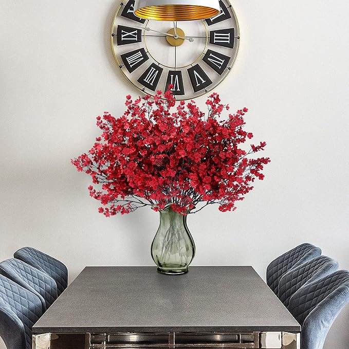 Sggvecsy 15 Pcs Babys Breath Artificial Flowers Gypsophila Bouquets Bulk Real Touch Fake Silk Flowers for Home Wedding DIY Floral Arrangement Kitchen Christmas Centerpiece Festival Decoration (Red)