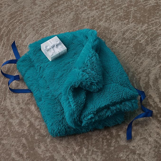Bedsure GentleSoft Fluffy Turquoise Teal Blankets Queen Size for Bed, Thick Sherpa Faux Fur Fleece Fuzzy Plush Winter Warm Soft Full Queen Blankets, Bedroom Teal Decor Cozy Gifts for Women Men, 90x90