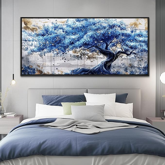 ERQINHUA Large Canvas Wall Decor For Living Room Wall Art For Bedroom Office Home Decor Blue Tree Wall Paintings Farmhouse Abstract Watercolour Pictures Artwork Ready To Hang 32x72 In Black Framed