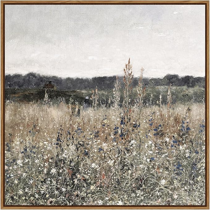InSimSea Square Framed Canvas Wall Art, Scenery Field Home Decor, Vintage Meadow Flowers Wall Art Prints, Retro Nature Floral Wall Decor for Living Room Bedroom Home Bathroom 16"x16"