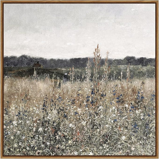 InSimSea Square Framed Canvas Wall Art, Scenery Field Home Decor, Vintage Meadow Flowers Wall Art Prints, Retro Nature Floral Wall Decor for Living Room Bedroom Home Bathroom 16"x16"