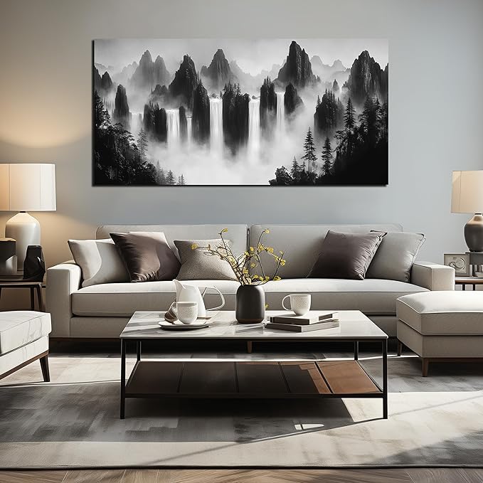 Mountain Canvas Wall Art for Living Room Large Size Black and White Pictures for Wall Waterfalls Wall Art for Office 29 x 58 Inches