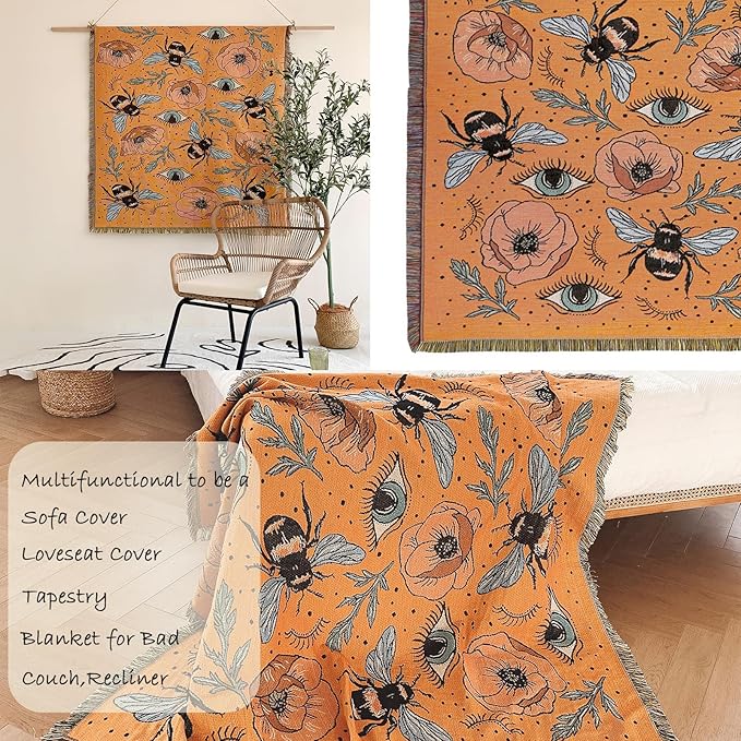 Boho Throw Blanket Reversible Cotton Bohemian Tapestry Hippie Room Decor Double Sided (Boho Bee Yelow 50"x60")