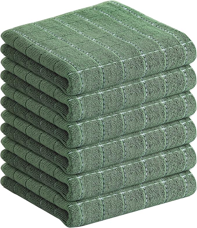Homaxy 100% Cotton Terry Kitchen Towels(Grass Green, 13 x 28 inches), Checkered Designed, Soft and Super Absorbent Dish Towels, 6 Pack