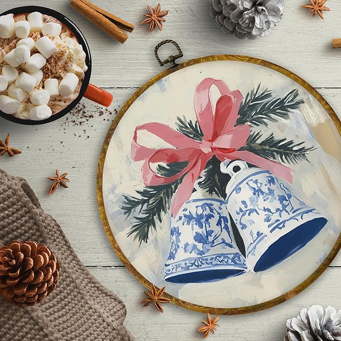 CUANFDDSF Chinoiserie Christmas Bells Round Wall Art Decor, Vintage Christmas Bells Wall Hanging Frame Decor, Grand Millenial Xmas Holiday Canvas Prints Decorations for Home Bedroom, 10x10 Inch