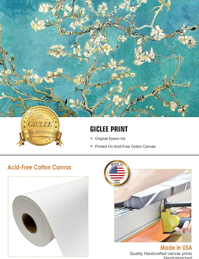 DECORARTS - Almond Blossom Tree - Vincent Van Gogh Art Reproduction. Giclee Canvas Prints Wall Art for Home Decor 30x24