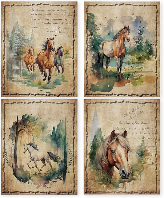 HRQKO Vintage Retro Horse Wall Art Poster Prints Set of 4, Watercolor Wildlife Animals Horse Pictures Printing Posters Wall Decor, Colorful Woodland Prints for Bathroom Living Room 8”x10” Unframed