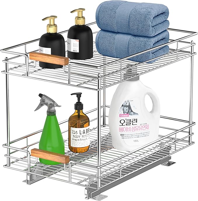 Pull Out Cabinet Organizer(14" W x 21" D), 2 Tier Slide Out Shelves with Wood Handle, Sliding Drawer Pull Storage Shelf for 15-1/4” Cabinet Opening, Chrome