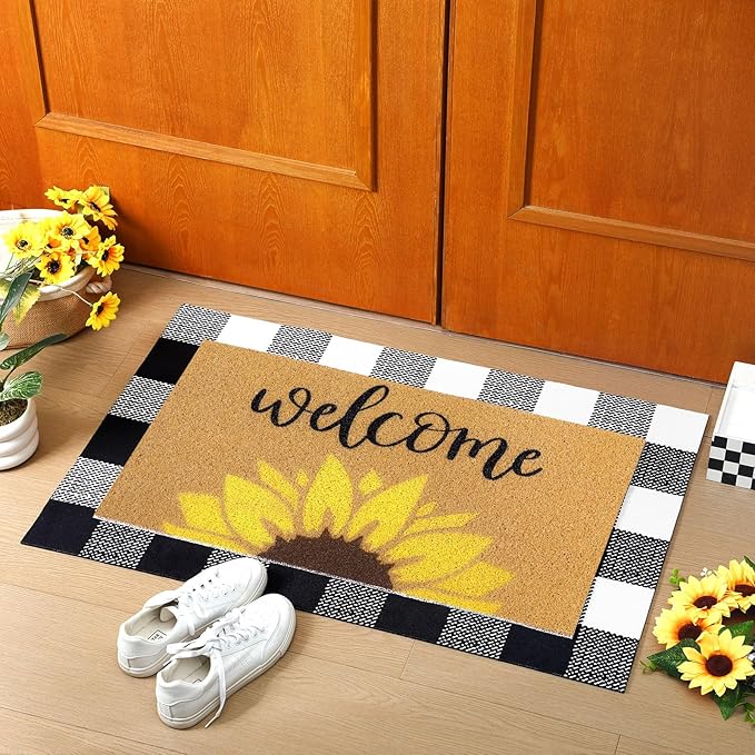 2 Pcs Fall Door Mat Sunflower Welcome Non Slip Coir Mats Autumn Floral Buffalo Plaid Floor Layering Doormats for Home Front Door Porch Entryway Decor