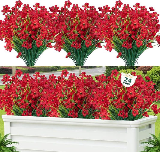 Lnoicy 24 Pcs Artificial Flowers for Outdoor,Plastic Flowers Decoration, UV Resistant Faux Flowers Shrubs, Artificial Plants for Indoor Outside Garden Home Wedding Farmhouse(Red)