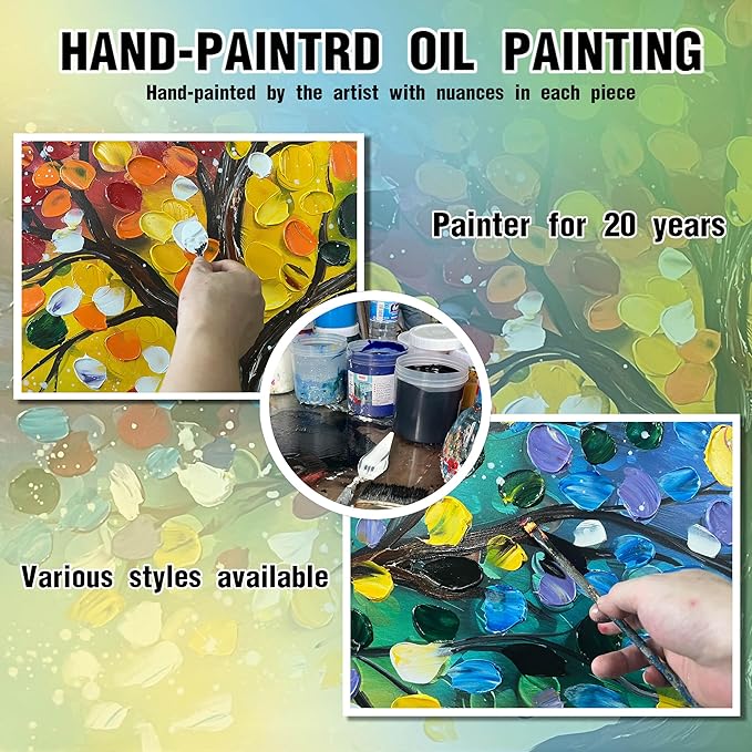 Tree Painting Large Wall Decor for Living Room - Colorful Hand Painted Wall Art for Bedroom - Black Framed Canvas Wall Art Size 29" x 59"