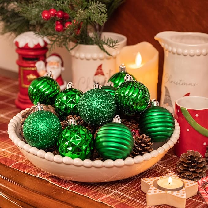 Valery Madelyn Christmas Ornaments Tree Decorations Set for Fall Halloween, 24ct Green Shatterproof Ball Ornaments, 2.36" Hanging Ornament Bulk for Xmas Holiday Party Decor