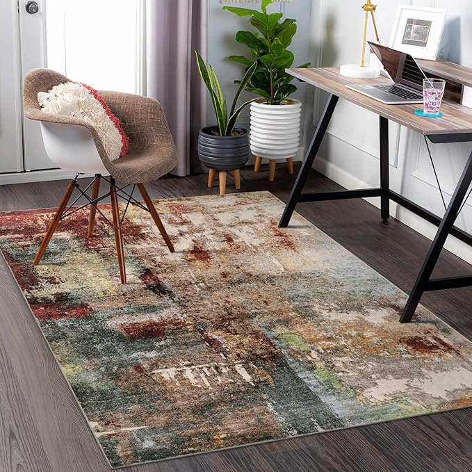 Lahome Modern Abstract 5x7 Area Rugs for Living Room, Washable Bedroom Rug Soft Non Slip Low Pile, Faux Wool Contemporary Carpet for Indoor Floor Decor Home Office Dining Room,Red/Multi