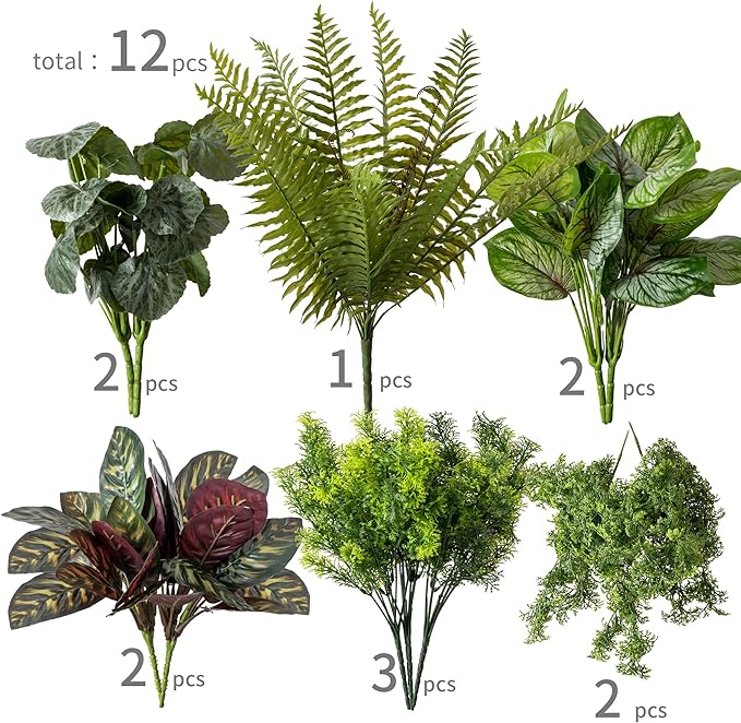 PARTY JOY 12 Bunches Fake Plants Outdoor, Fake Bushes UV Resistant Artificial Flowers Greenery Shrubs Faux Greenery for Outdoor Garden Patio Front Porch Yard Decor
