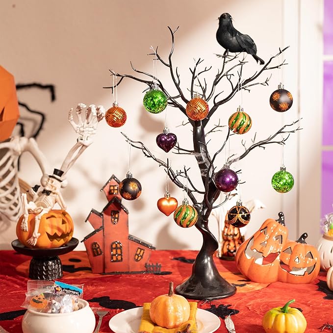 Valery Madelyn 28Pcs Halloween Heart Shaped Ornaments Gift Pack, Halloween Craft Painted Tree Heart Decorations, Orange Purple Green Christmas Baubles Hanging Indoor Holiday Party Decor