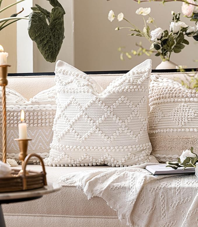 Pure White Decorative Throw Pillow Cover 20X20, Boho Accent Pillow for Couch, Square Modern Farmhouse Pillowcase for Living Room Couch Sofa Cushion Home Décor (Pack of 1)