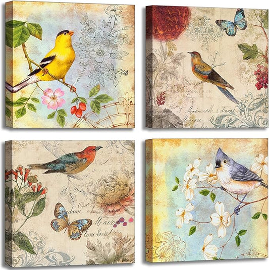 Flowers Birds Canvas Wall Art for Bedroom Floral Wall Decor Butterfly Picture Framed Artwork Vintage Prints Paintings for Bathroom Kitchen Decorations