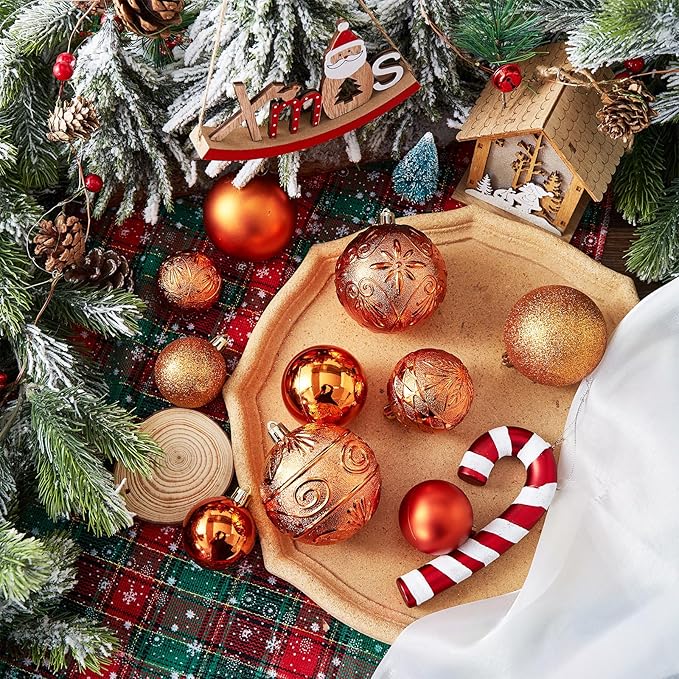 Wironlst Christmas Ball Ornaments - 30pcs Shatterproof Plastic Christmas Ornaments Hanging Ball Decorations for Xmas Tree, Holiday, Wedding, Party (Multi-Size, Orange)