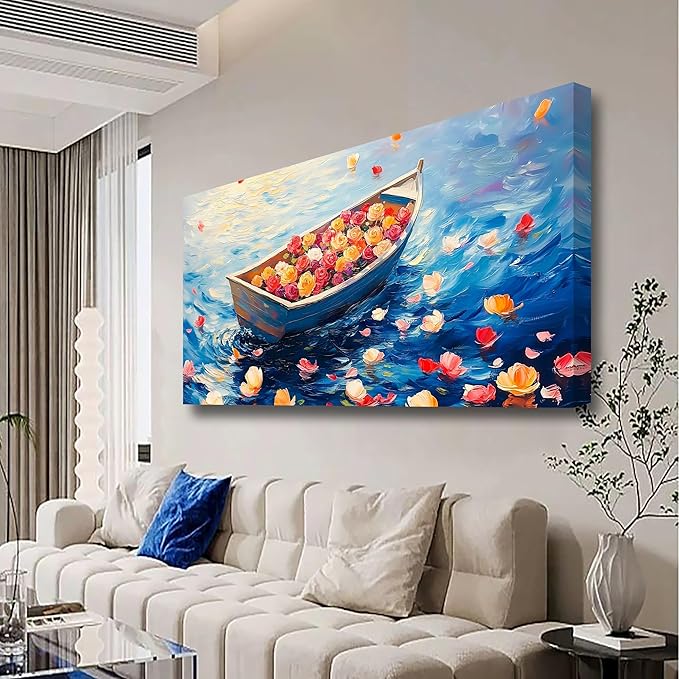 Flowers Boat Oil Pictures Wall Art Bedroom Wall Decor Living Room,Ocean Canvas Wall Art Office Farmhouse Paintings Artwork Modern Rose Colorful Flower Petals Blue Sea Waves Wall Art Prints 20 * 40inch
